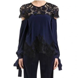 Johnathan Simkhai Silk Cold Shoulder Long Sleeve Shirt Size Medium Blue Black